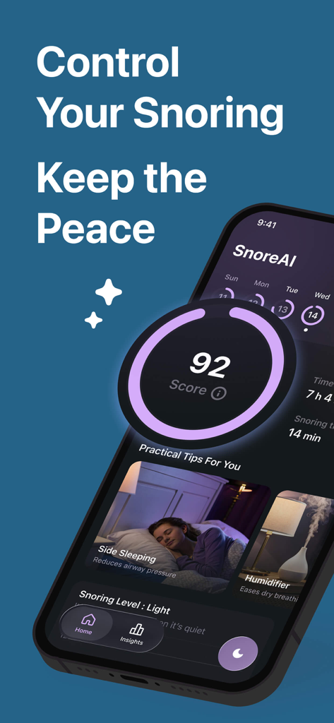 Snore Tracker - Record Snoring - SnoreAI app dashboard with a sleep score and tips for side sleeping and humidifiers