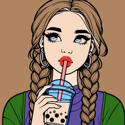 realistic girl with braided hair drinking boba
