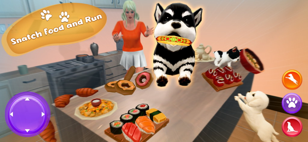 My virtual dog simulator - A virtual husky dog stealing food from a kitchen counter while its owner looks on in a 3D simulation game