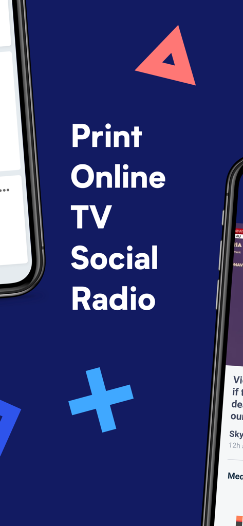 Streem - Streem app screen listing media monitoring channels including Print Online TV Social and Radio