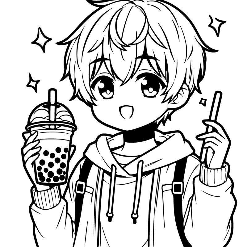 manga character drinking boba tea