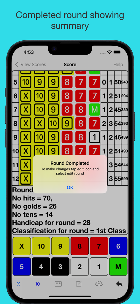 ArcheryLink - ArcheryLink app screen showing a completed archery round summary with classification and handicap statistics