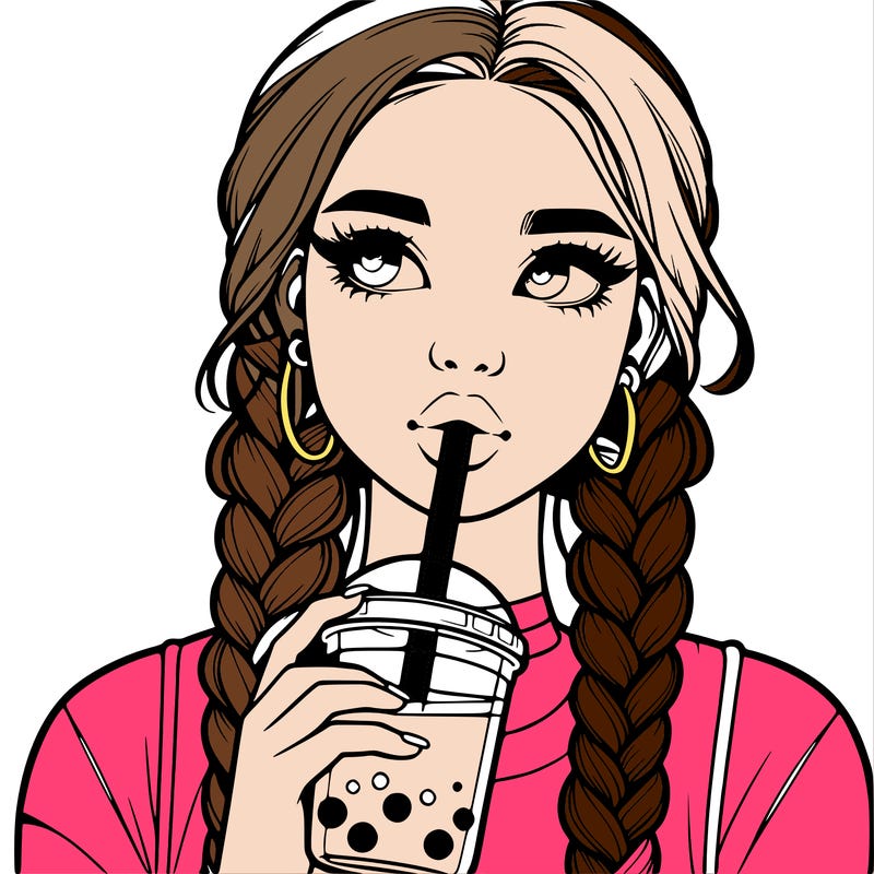 realistic girl with braided hair drinking boba