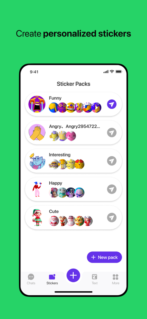 Dual App - Duo Web Scanner - Pantalla de gestión de paquetes de stickers en Dual App mostrando varias categorías temáticas de stickers como divertidos y alegres.