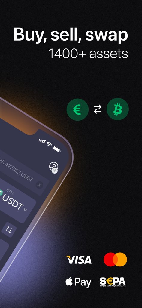 ChangeNOW app screen showing options to buy sell and swap over 1400 crypto assets with payment methods like Visa and Apple Pay