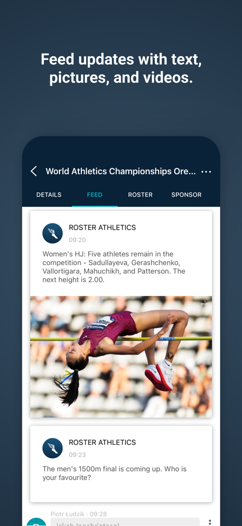 Feed in diretta degli aggiornamenti degli eventi di atletica leggera con foto e commenti nell'app Roster Athletics