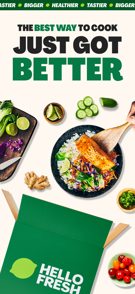 HelloFresh promotional banner showing a fresh salmon meal bowl and a signature green delivery box surrounded by fresh ingredients