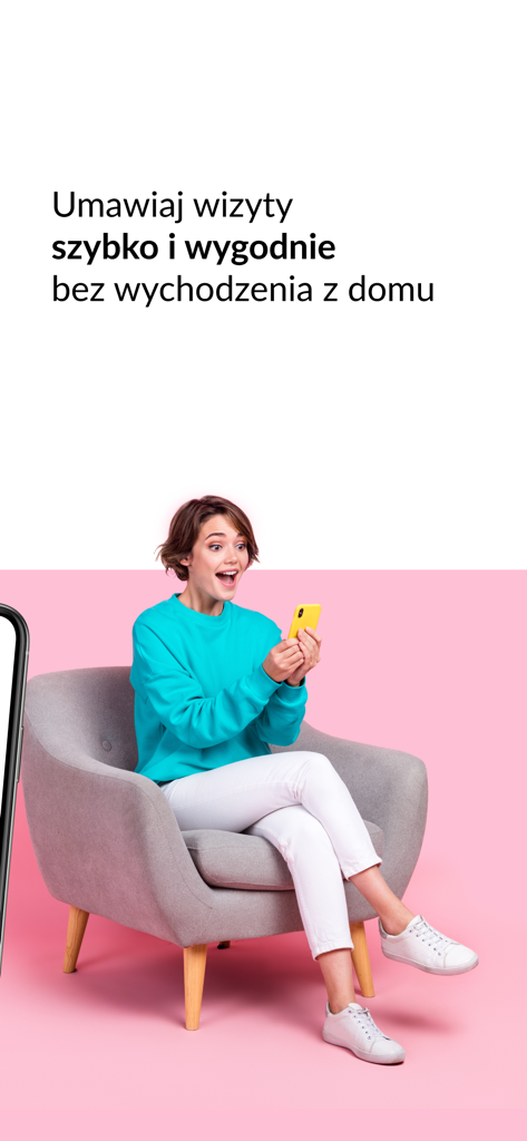 A woman happily using the Portal Pacjenta CMP mobile app to schedule a medical appointment from home