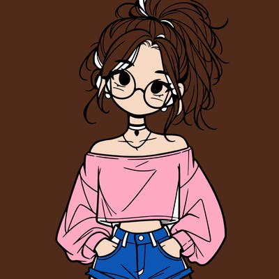 girl with a messy ponytail glasses a baggy crop top and jean shorts