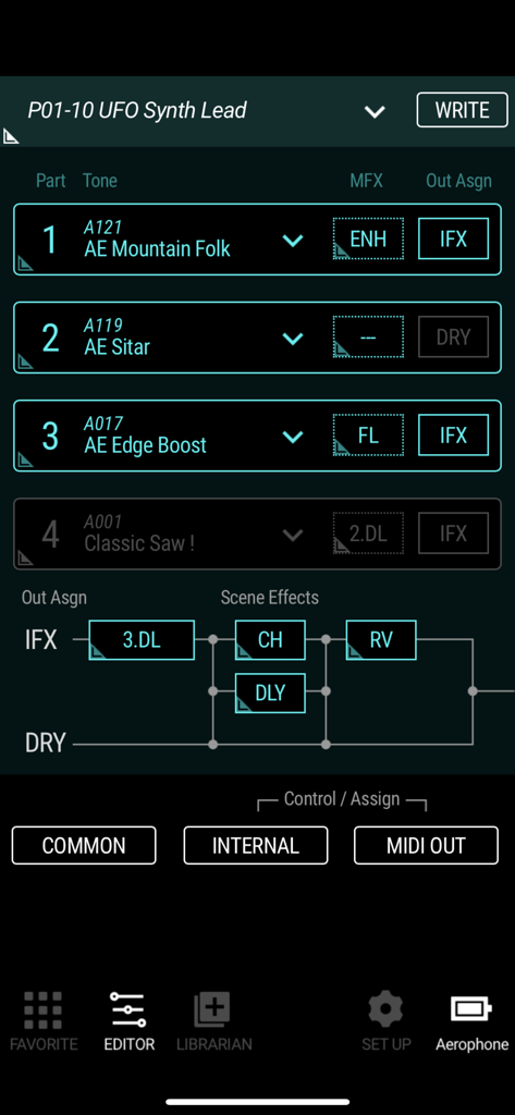 Interface do aplicativo Aerophone Pro Editor mostrando a combinação de timbres e o caminho do sinal para efeitos de cena