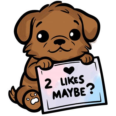 a puppy holding a sign that says 2 likes maybe?