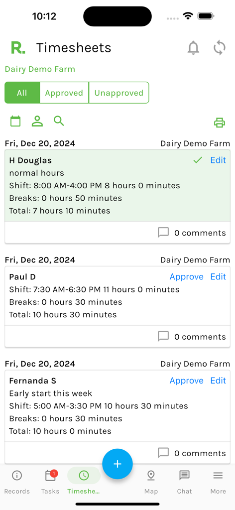 Resolution Farming App - Resolution Farming App timesheet management screen showing employee shifts and work hours