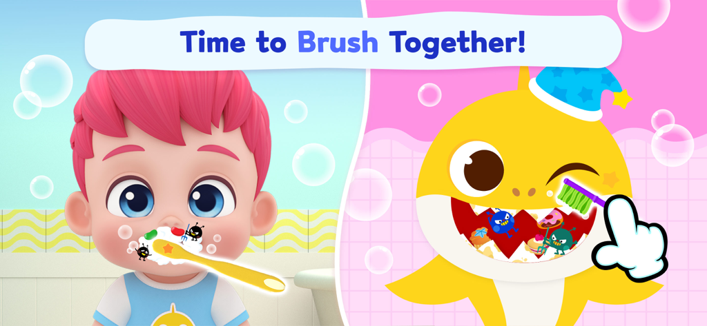 Bebefinn y Baby Shark cepillándose los dientes en un juego educativo para niños pequeños
