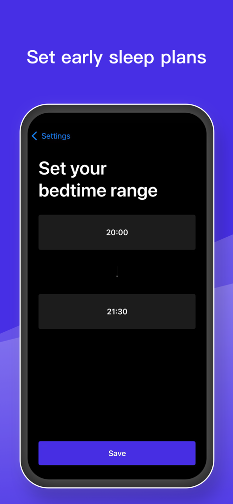 Una captura de pantalla de la interfaz de la aplicación Love Sleep que muestra la pantalla de rango de hora de dormir establecida con un tema oscuro y acentos azules.