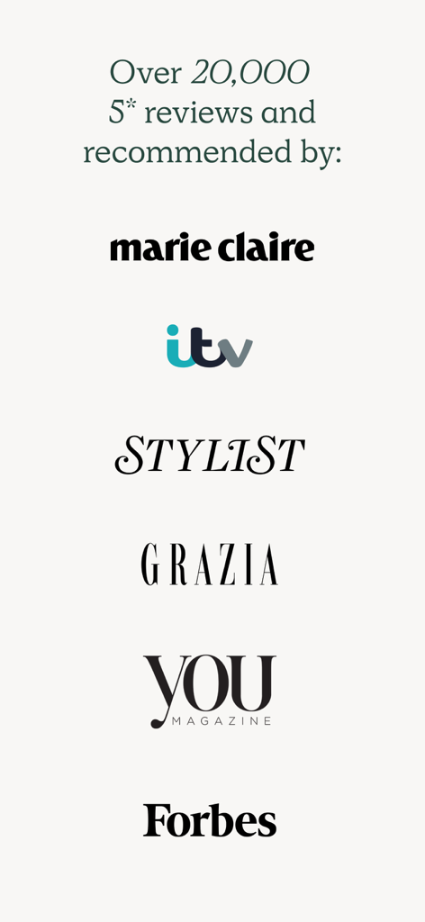 Graphic showing major press recommendations for the Deliciously Ella app from Forbes Marie Claire and other publications