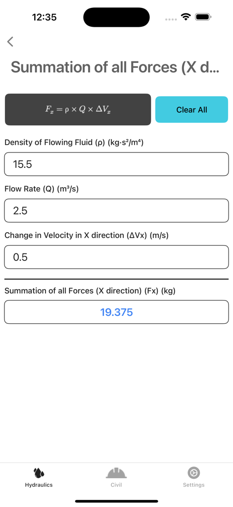 Hydraulics and Waterworks Calc - Interface de l'application Calcul Hydraulique et Hydraulique Urbaine montrant une sommation des forces calculée dans la direction X