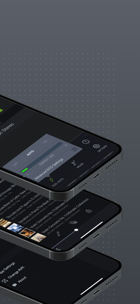 Tre iPhone impilati che mostrano diverse schermate dell'app Denon AVR Remote, incluse le impostazioni eco e la libreria musicale.