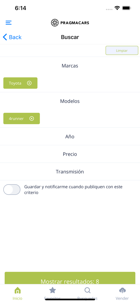 Pragmacars - Pragmacars app search screen showing filters for a Toyota 4runner with options for year price and transmission