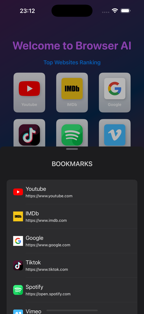 TubeMate ⓂⓉ - Captura de tela do navegador TubeMate AI mostrando rankings de sites e uma lista de favoritos com ícones para YouTube, IMDb e Google.
