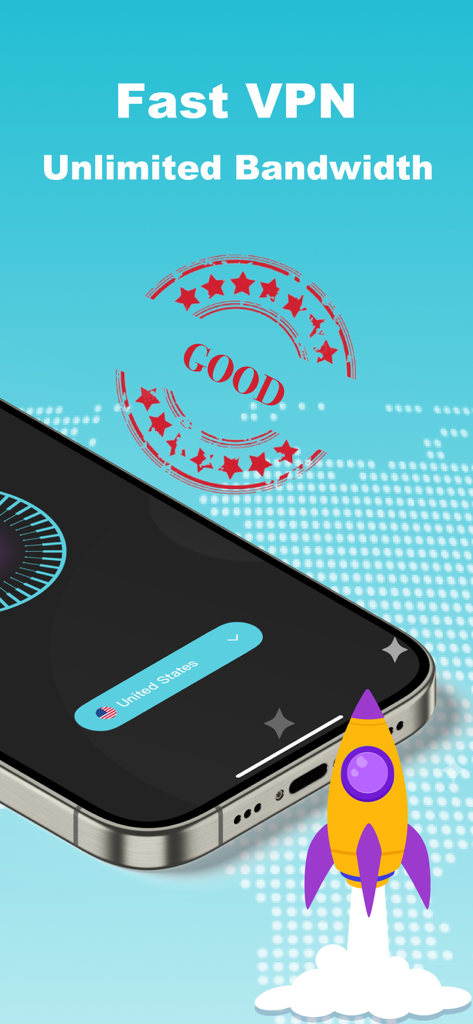 Secure VPN app screen displaying fast vpn and unlimited bandwidth features with a rocket icon
