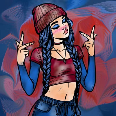 realistic teenage girl with braids and a beanie and crop top doing 🫶🏼