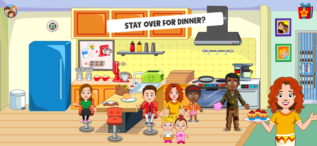 My Town Friends House PJ game - Personagens diversos reunidos em uma cozinha colorida com um banner 'Fique para o Jantar' no jogo My Town Friends House