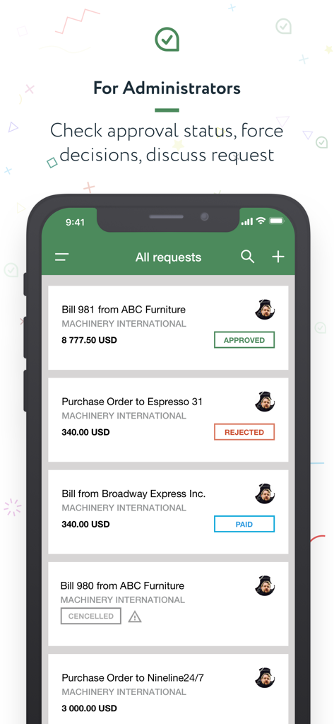 ApprovalMax mobile dashboard for administrators showing a list of bills and purchase orders with their approval status