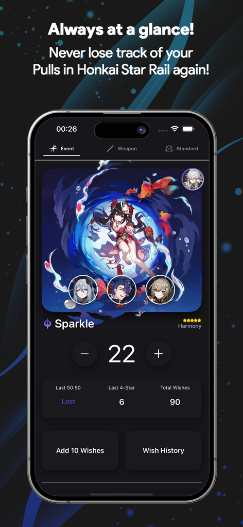 HSR WishCounter - HSR WishCounter app interface showing the event banner pull tracker for Sparkle in Honkai Star Rail.