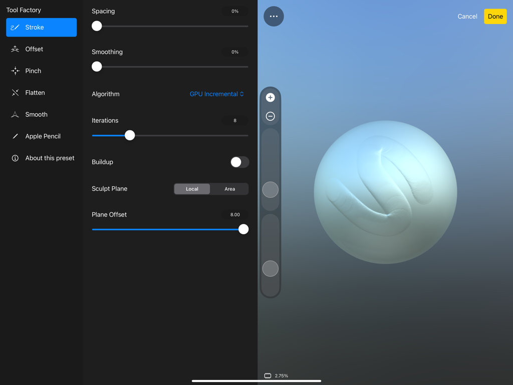 Sculptura 2 - Sculptura 2 interface showing Tool Factory brush settings and 3D preview on iPad.
