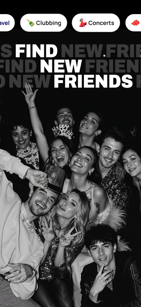 Alyke: Vibe-Based Friendships - A group of diverse young people smiling together at a party with interest tags for clubbing and concerts
