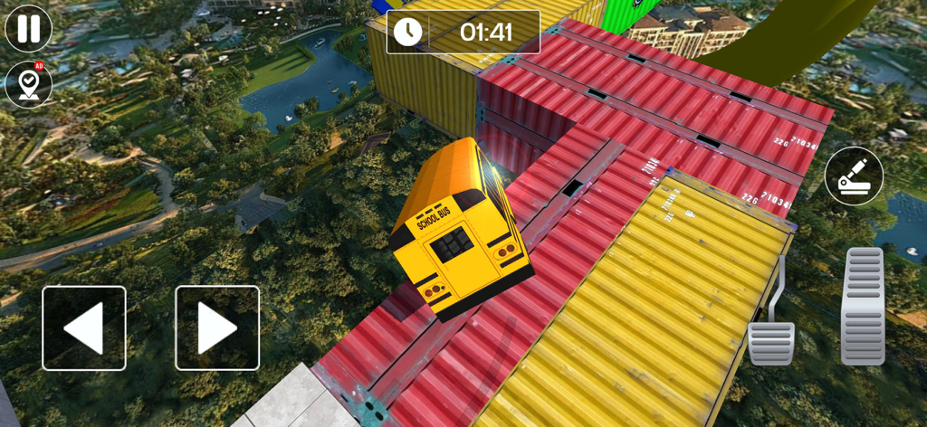 A yellow school bus driving on elevated shipping containers high above a park in a stunt simulation game.