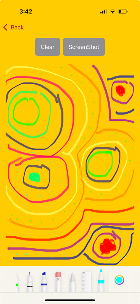 Maze Lab Creator - 迷路ラボクリエイターアプリの描画ツールを使用して、黄色い背景に描かれたカラフルな円形のパターン。