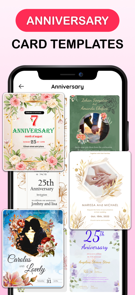 Invitation Maker: RSVP & Cards - A collection of floral and photo based anniversary invitation templates displayed on a mobile app screen