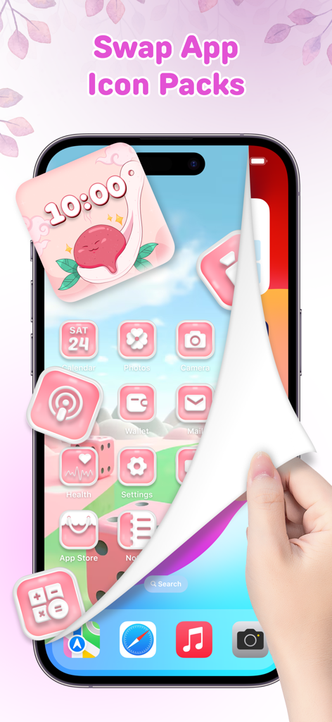Color Widget - Theme & Icon - iPhone home screen showing custom pink aesthetic app icons and widgets being revealed by a hand