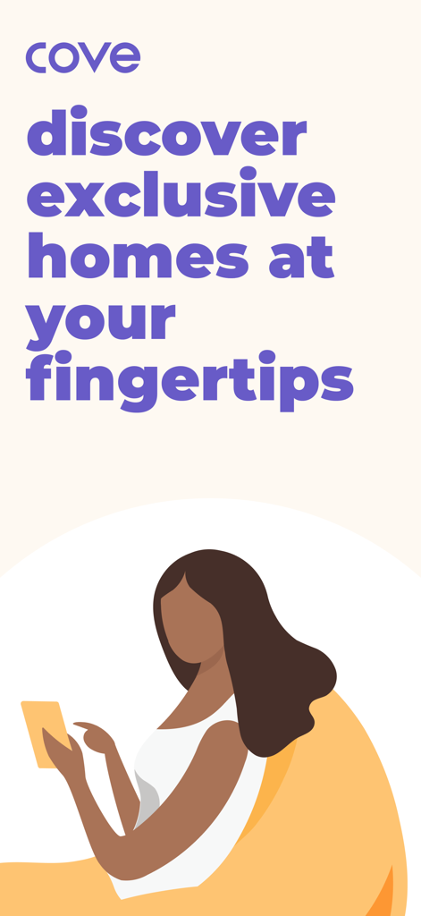 Cove: Co-living & Apartments - Coveアプリで限定住宅を見つけている女性のイラスト