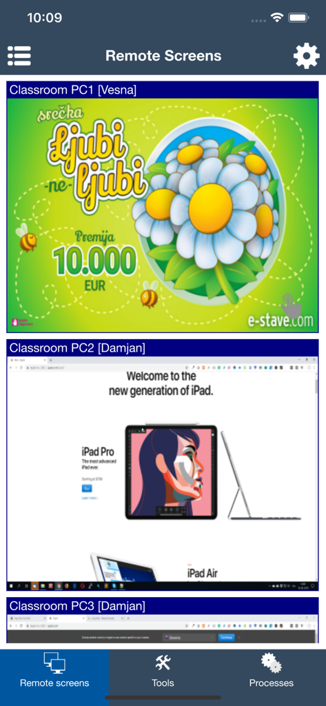 Classroom Spy - Classroom Spy app interface showing live thumbnails of multiple remote student computer screens for classroom management