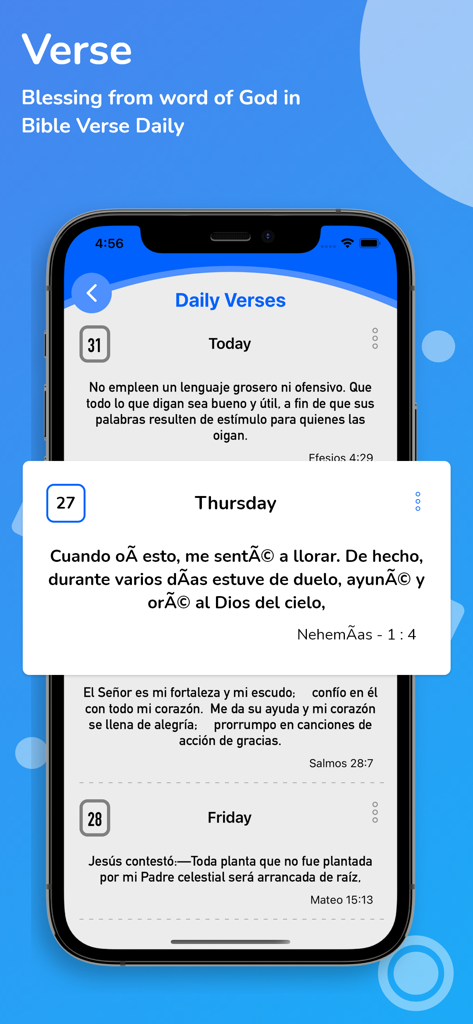 Holy Bible Reina Valera +Audio - Screenshot of the Holy Bible Reina Valera app displaying a list of daily Bible verses in Spanish.