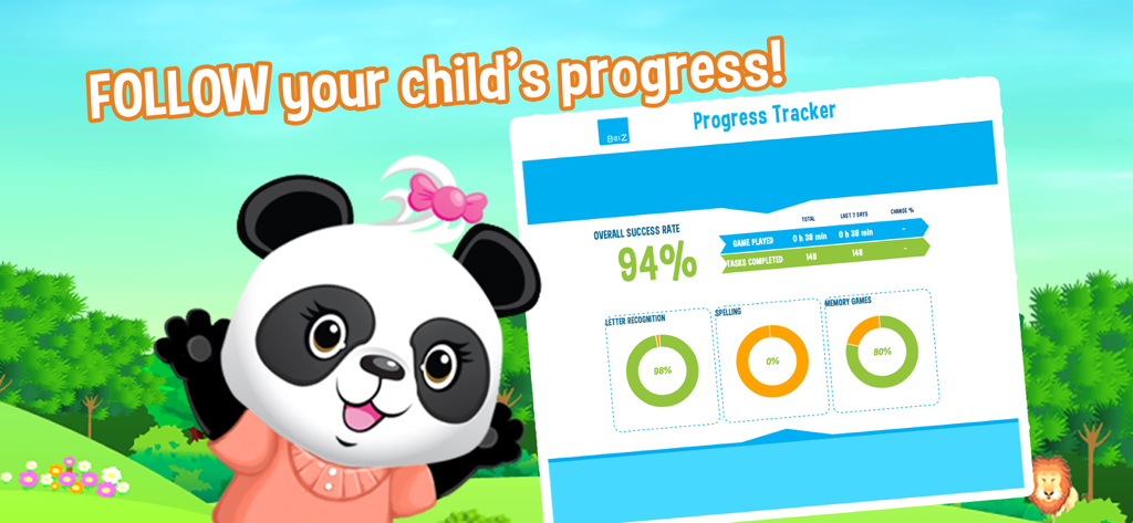 Lola Panda character presenting an in-app progress tracker that shows a child's learning statistics for spelling and letter recognition