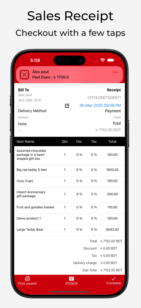 Nexchar POS - A digital sales receipt on the Nexchar POS app showing an itemized bill for a retail transaction on an iPhone