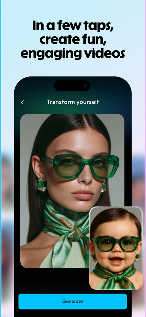 HeyGen: AI Video Generator - Interfaccia dell'app mobile HeyGen che mostra una trasformazione AI di una donna in una versione infantile con occhiali da sole verdi e sciarpa abbinati
