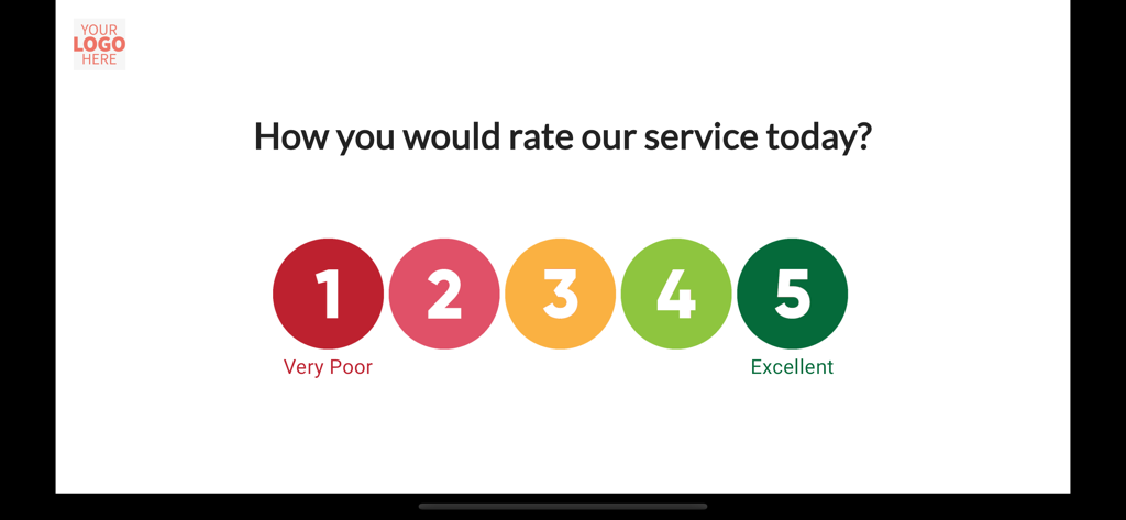 Digital kiosk screen asking for service rating with a numbered scale from 1 to 5