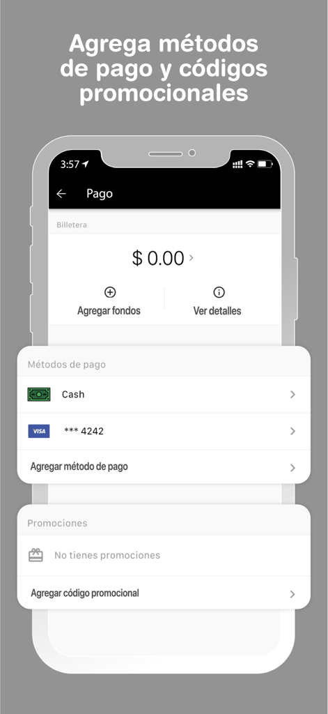 Dai - The payment methods and promotions screen of the Dai transportation app in Spanish.