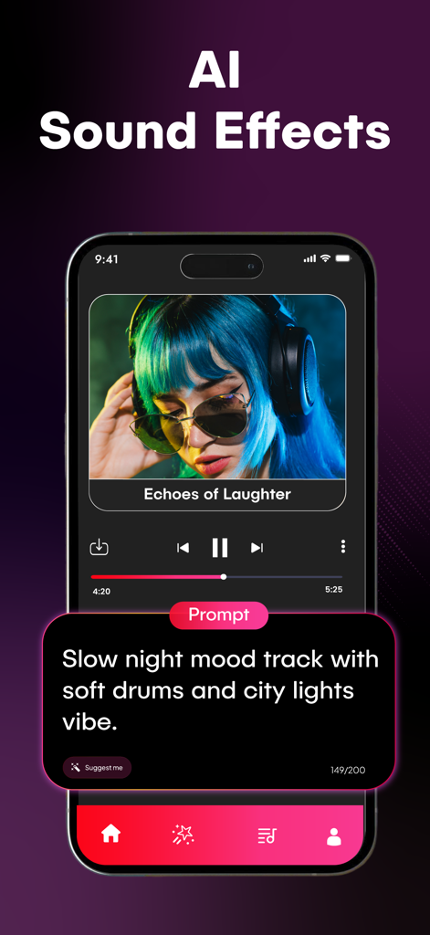SUR - AI Music Generator - SUR mobile app interface showing a text prompt for generating a slow night mood music track