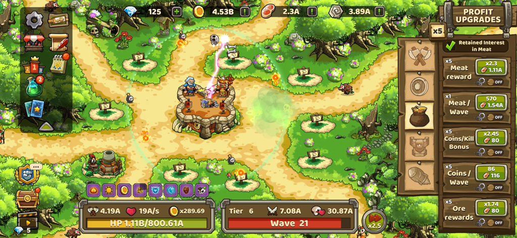 Rush Defense: idle TD - Rush Defense idle TD gameplay showing tower placement and profit upgrades menu