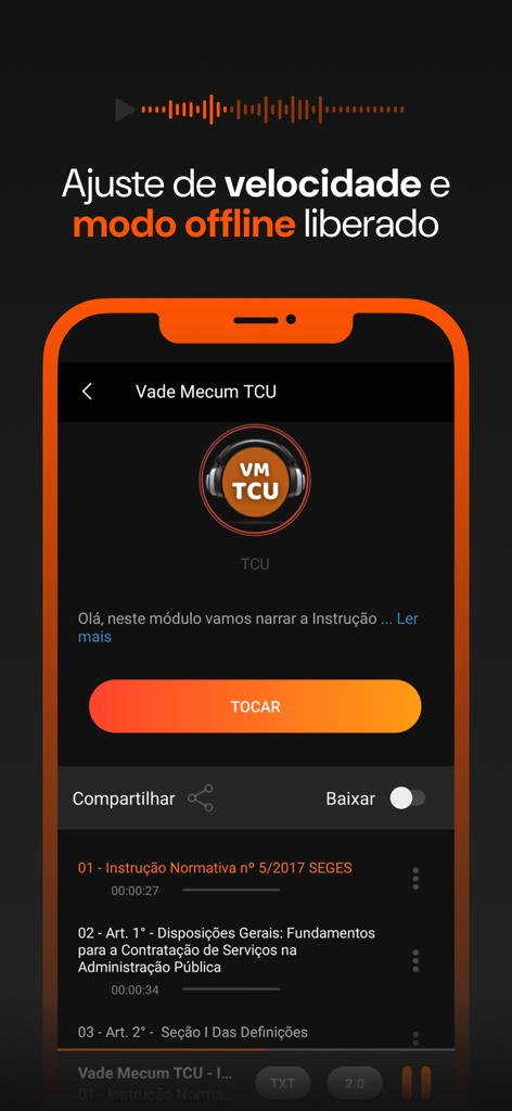 EmAudio Concursos - EmAudio Concursos app interface showing audio player with offline download and speed control features.