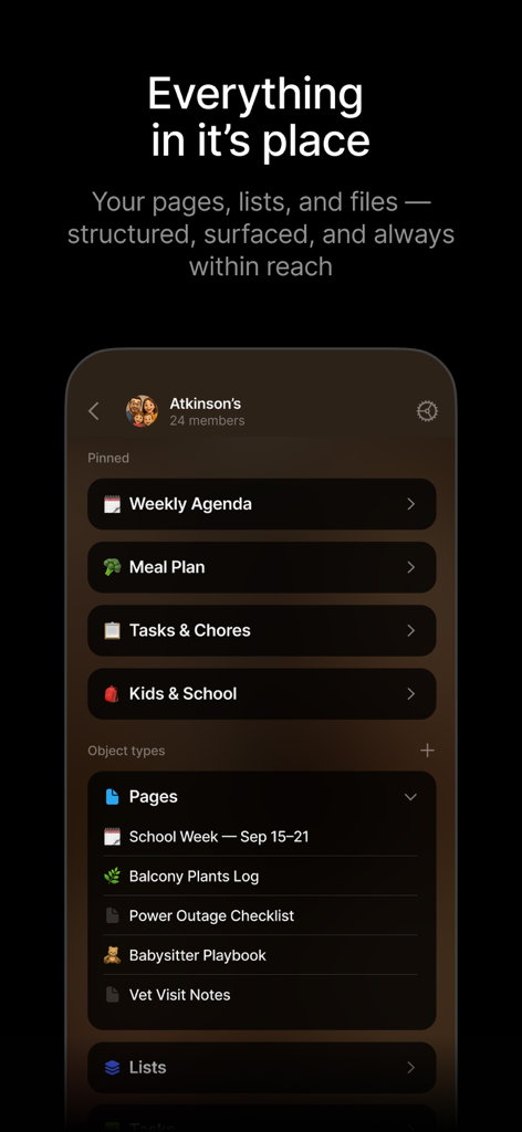 Interfaccia dell'app mobile Anytype che mostra uno spazio organizzato con pagine ed elenchi.