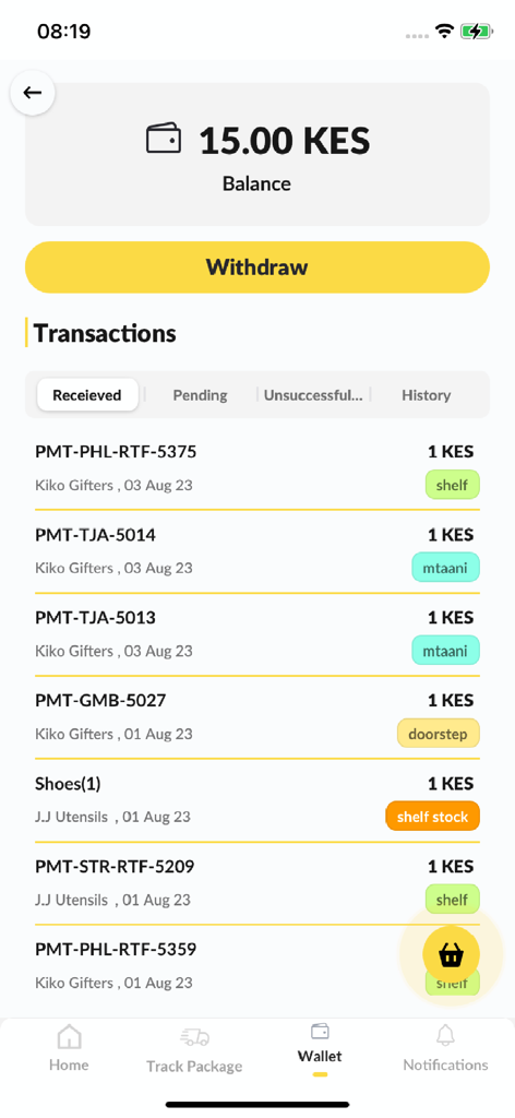 Pickup Mtaani - Pantalla de la billetera de Pickup Mtaani que muestra el saldo y el historial de transacciones