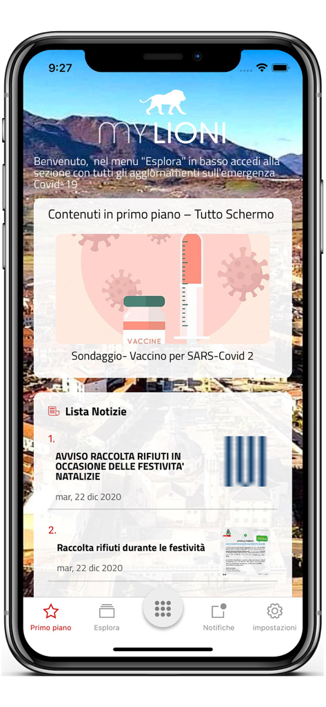 El panel de la aplicación MyLioni que muestra noticias municipales y actualizaciones comunitarias para los residentes locales.