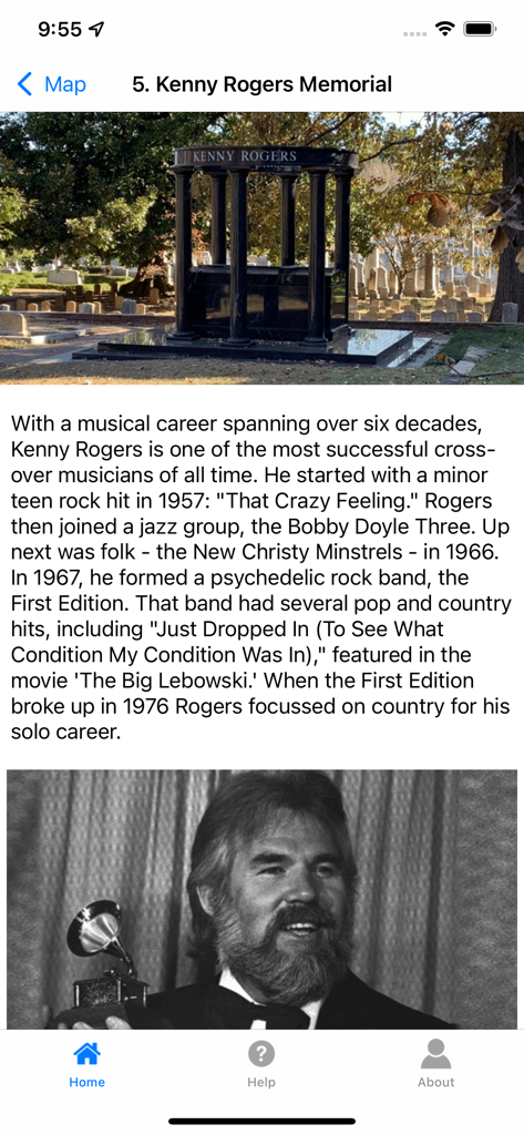 Atlanta's Oakland Cemetery - A screenshot from the Atlanta's Oakland Cemetery app displaying the Kenny Rogers Memorial tour page with his monument and biographical details.