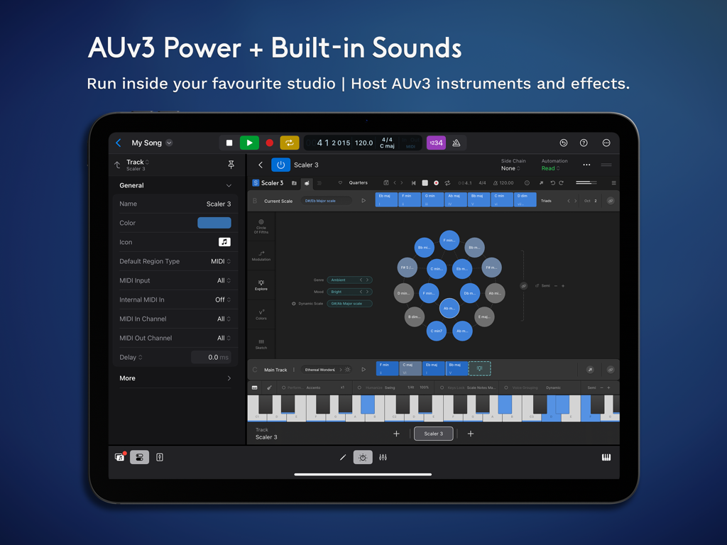 Interfaz de la aplicación Scaler 3 en iPad que muestra progresiones de acordes y herramientas de teoría musical